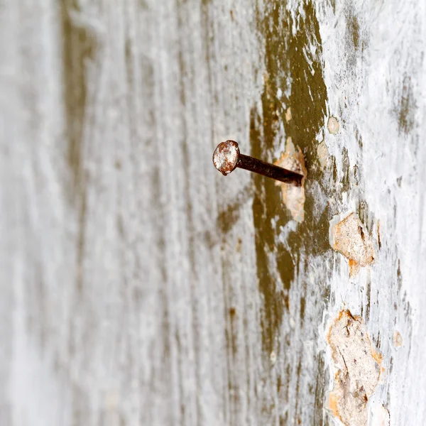 Creative rusty iron nail hammered into the old vintage wall. Sel