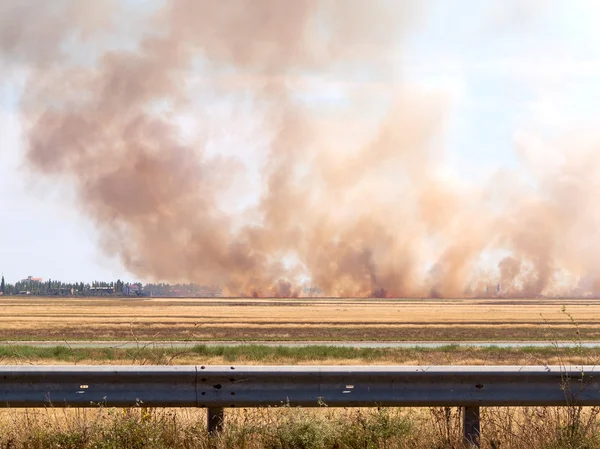 The fire and heavy smoke in the desert near the settlement durin