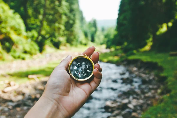 Compass in the hand on the nature background.