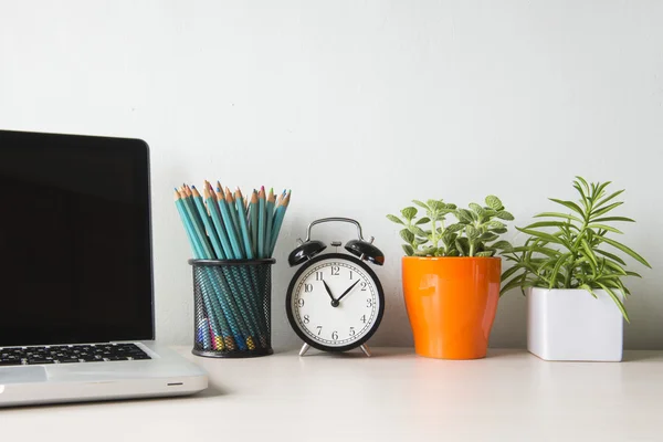 Indoor plant and clock on wooden table and white wall