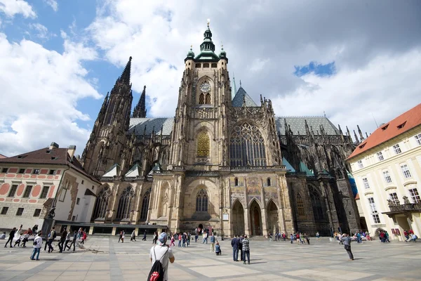 Elaborate gothic exterior of St. Vitus Cathedral, one of the major tourist attractions of Prague, located within Prague Castle grounds
