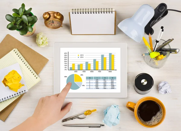 Hand touching tablet screen with chart over office desk background