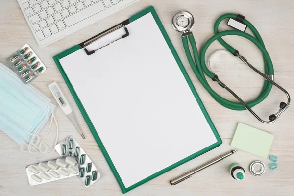 Wooden doctor desk background, horizontal medical concept