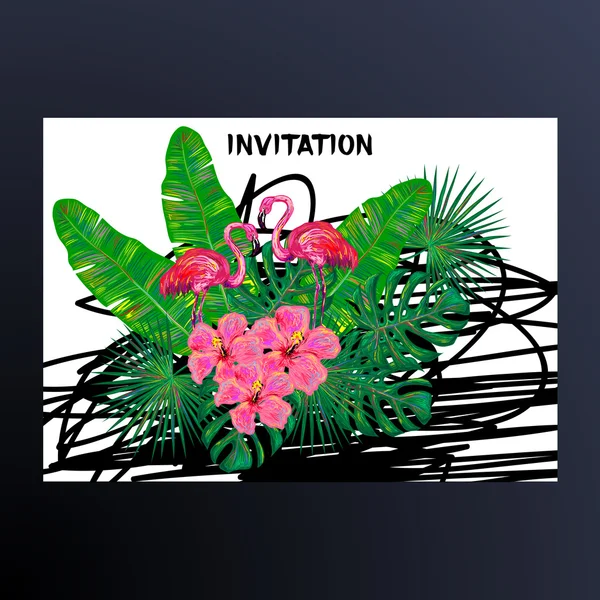 Invitation with pink flamingo, toucan bird, tropical exotic flowers and leaves