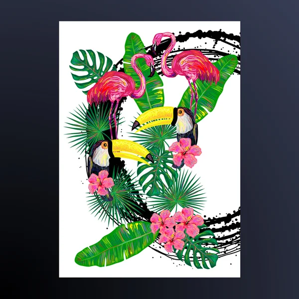 Invitation with pink flamingo, toucan bird, tropical exotic flowers and leaves
