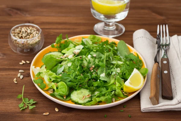 Fresh green salad with various lettuce, cucumber and sunflower seed