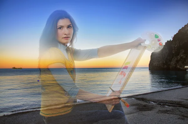 Double exposure girl artist on a background of sea sunset
