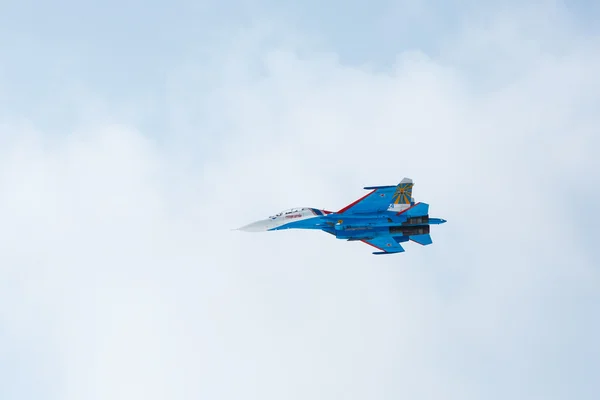 Aerobatics performed by aviation group of aerobatics Military-air forces Russian Knights on planes Su-27