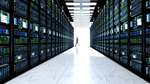 Terminal monitor in server room with server racks in datacenter.