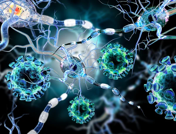 High quality 3d render of viruses attacking nerve cells, concept for Neurologic Diseases, tumors and brain surgery.