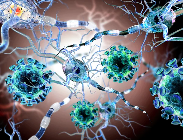 High quality 3d render of viruses attacking nerve cells, concept for Neurologic Diseases, tumors and brain surgery.