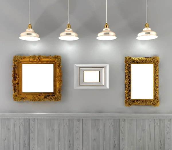 Retro interior with empty paintings in gold frame and ceiling  lights