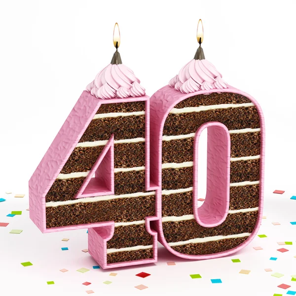 Number 40 shaped chocolate birthday cake with lit candle
