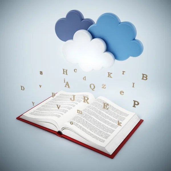 Open book with letters dropping out of the clouds