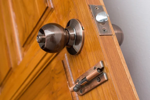 Door knob and keyhole on wooden door