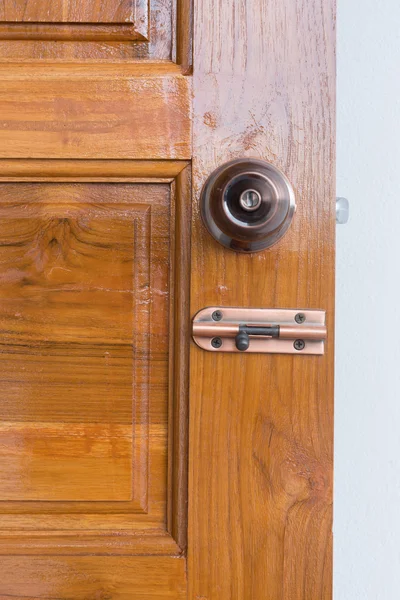 Door knob and keyhole on wooden door