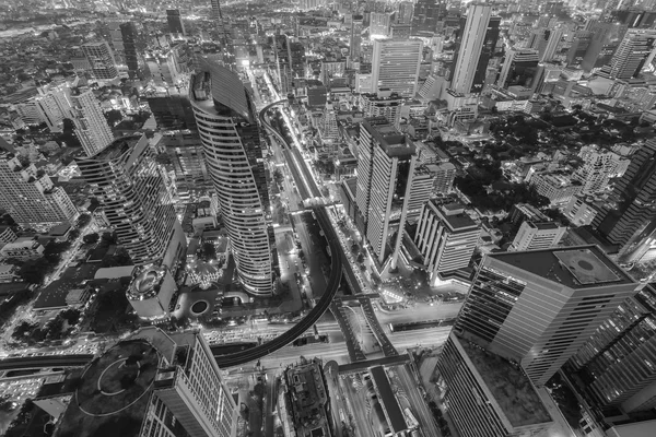 Black and White, Arial view city downtown with train station interchanged
