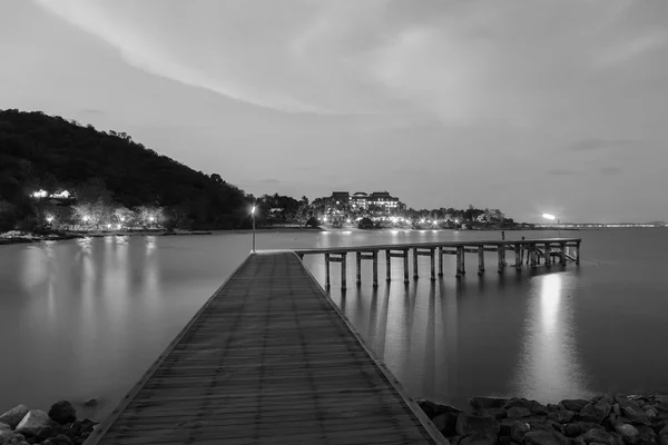 Black and White, Wooden bridge walkway leading to the sea night view