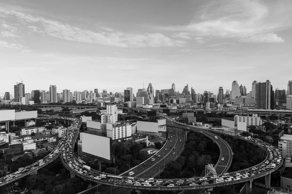 Black and White, Aerial view highway road curved with city downtown