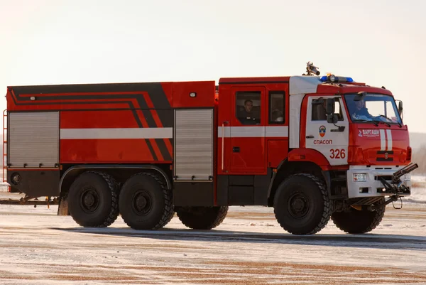Nizhny Novgorod. Russia. February 17, 2015. The bright red car of fire service of the airport of Strigino in Nizhny Novgorod