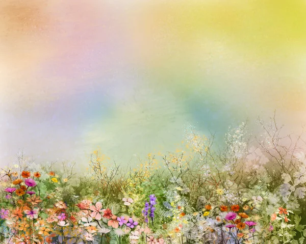 Abstract oil painting flowers plant. Purple cosmos, white daisy, cornflower, wildflower, dandelion flower in fields.
