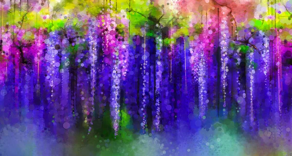 Abstract violet, red and yellow color flowers. Watercolor painting. Spring purple flowers Wisteria tree in blossom