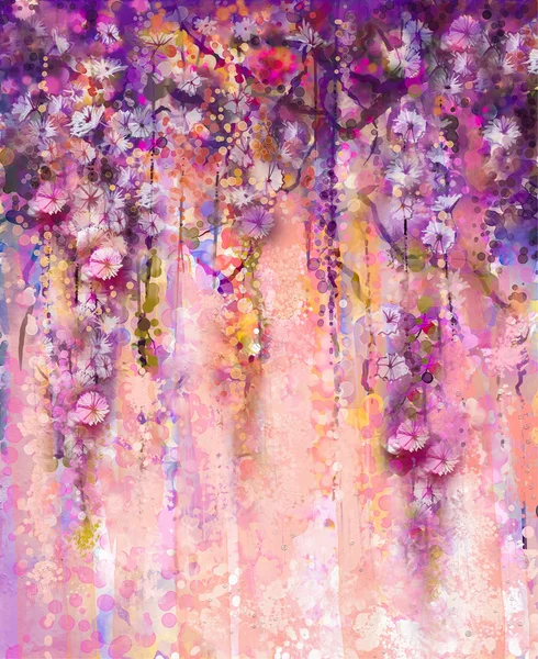 Abstract pink and violet color flowers, Watercolor painting. Hand paint flower Wisteria tree in blossom with bokeh over light purple background. Spring flower seasonal nature background