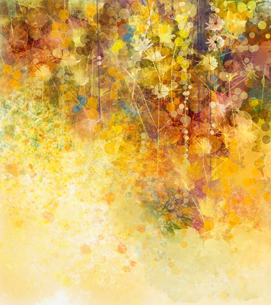 Abstract Watercolor painting, white flowers and soft color leaves.Yellow-brown color texture on grunge paper background. Vintage painting flowers style in soft color