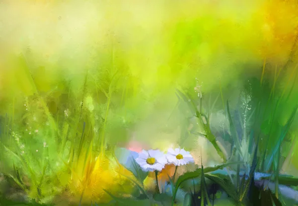 Oil painting nature green grass flowers plants. Hand paint white daisy, pastel floral and shallow depth of field.