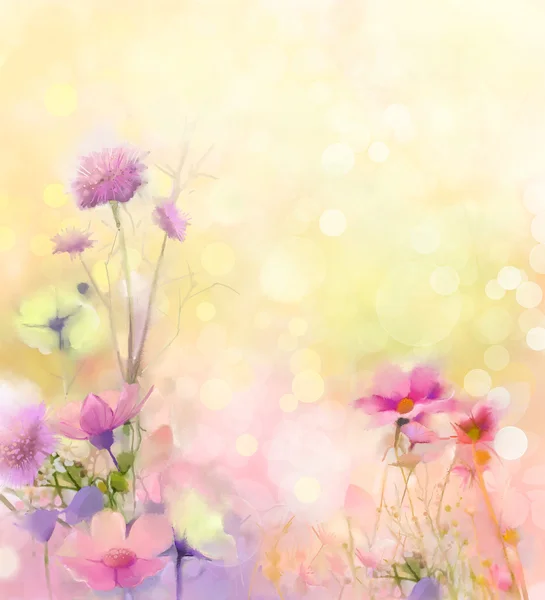 Oil painting nature grass flowers. Hand paint close up pink cosmos flower, pastel floral and shallow depth of field. Blurred nature background.