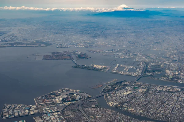 Aerial view of Tokyo Bay and Mount Fuji