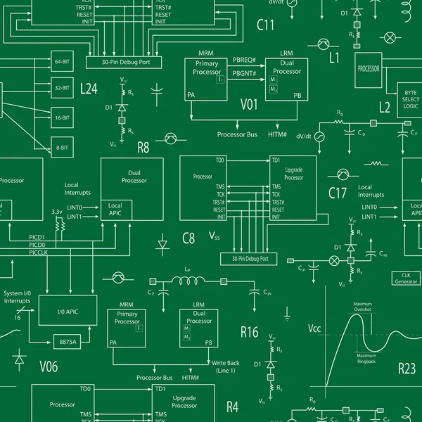 Seamless background with elements of electronic circuits, in the style of technical documentation , light contour on a green background