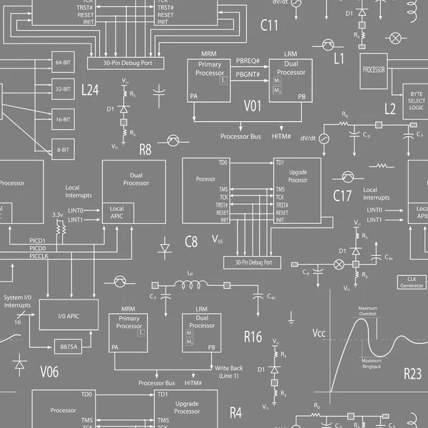 Seamless background with elements of electronic circuits, in the style of technical documentation , the bright outline on a gray background