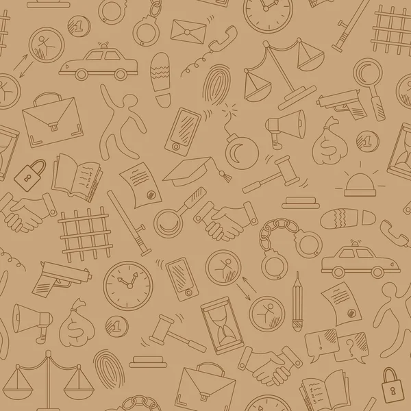 Seamless pattern with hand drawn icons on the theme of law and crimes, brown contour on a beige background