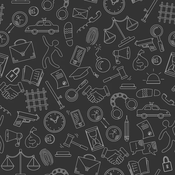 Seamless pattern with hand drawn icons on the theme of law and crimes, a bright outline on a dark background