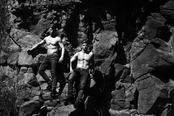Muscular male twins on rocks