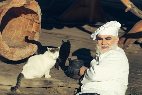 Bearded cook with kettle and cats
