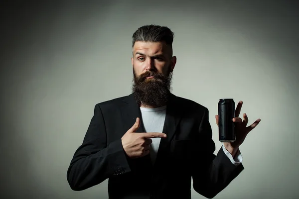 Bearded man with beer tin can