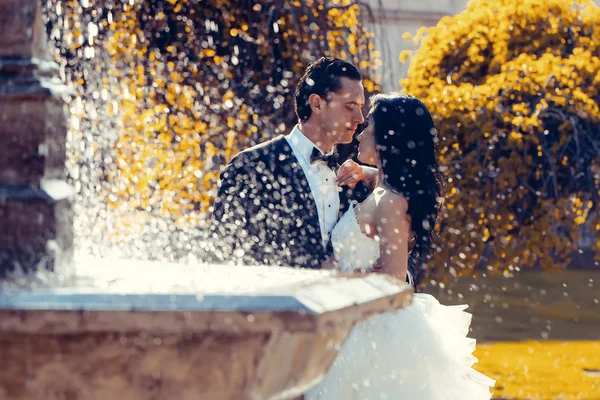 Wedding couple kiss near fountain water