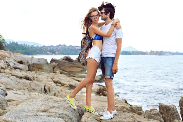 Hipster couple in love travel together