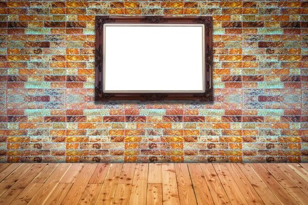 Blank wood frame on tile brick wall