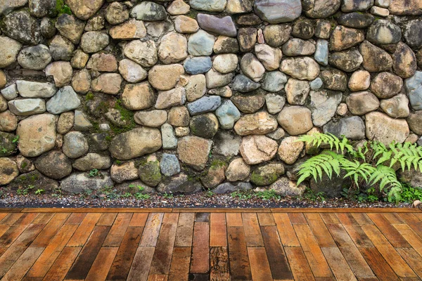 Wooden decking with stone wall background.
