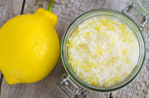 Homemade scrub made of sea salt, lemon peel and lemon juice