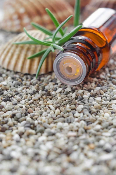 Small bottle of essential rosemary oil. Bottle dropper tip insert close up.
