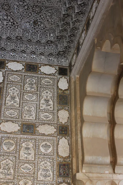 Architectural detail of mirrored silver tiles inside the amber fort