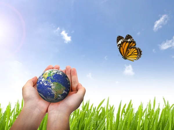 Earth planet and butterfly in female hand on blue sky