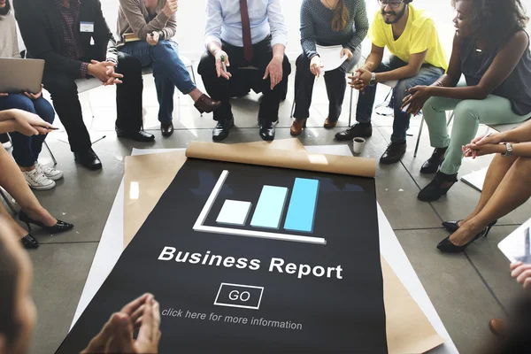 People over poster with business report