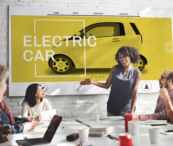 Business meeting with electric car