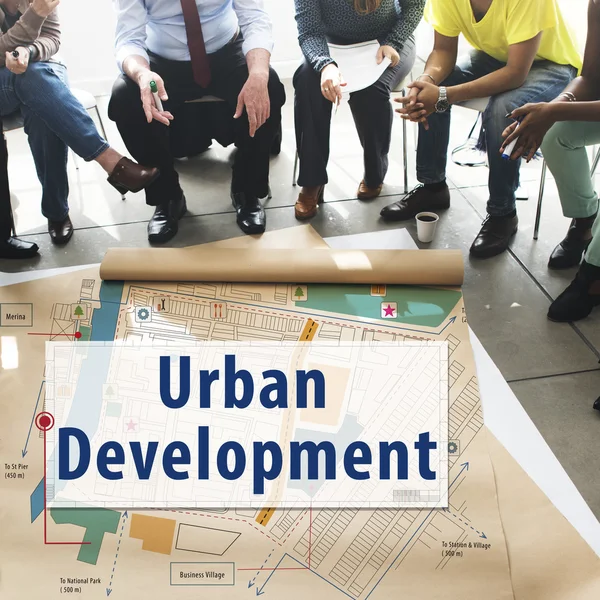 People over poster with urban development