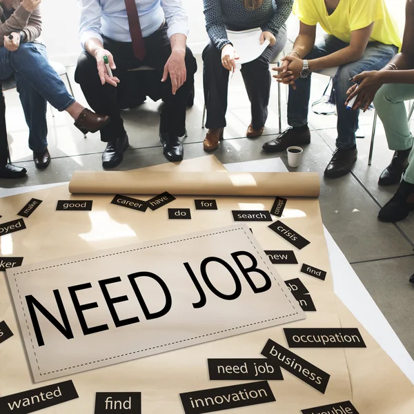 People over poster with Need Job